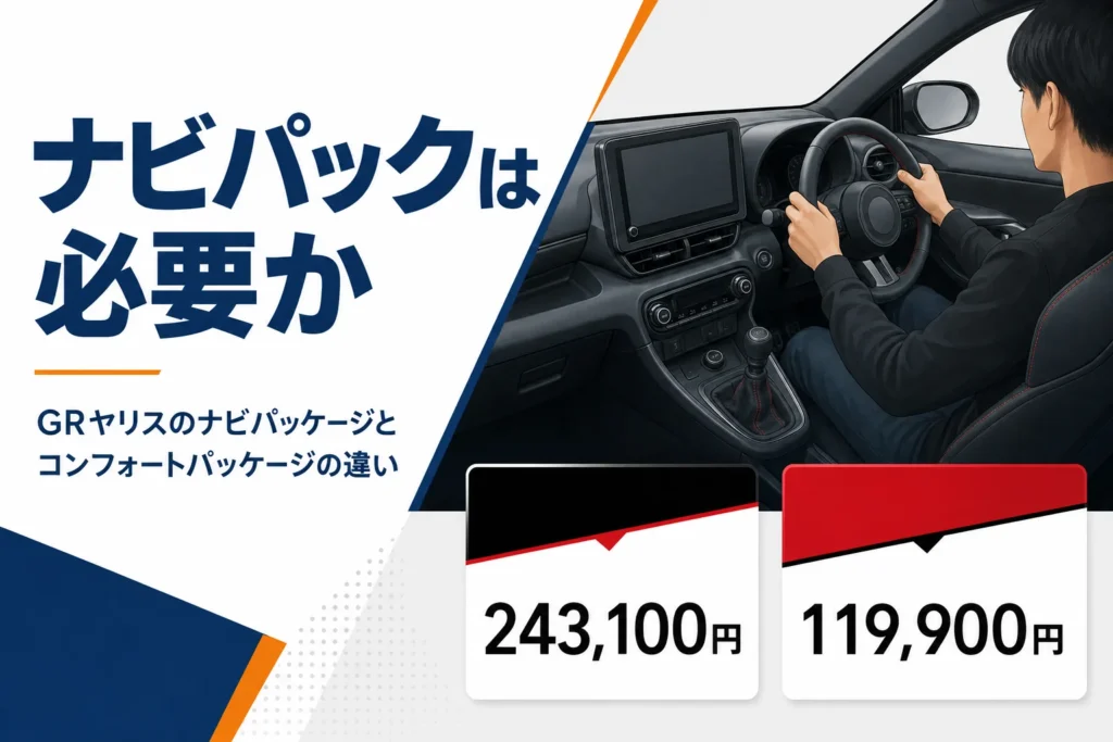 GRヤリスのナビパッケージとコンフォートパッケージの違いを示したアイキャッチ