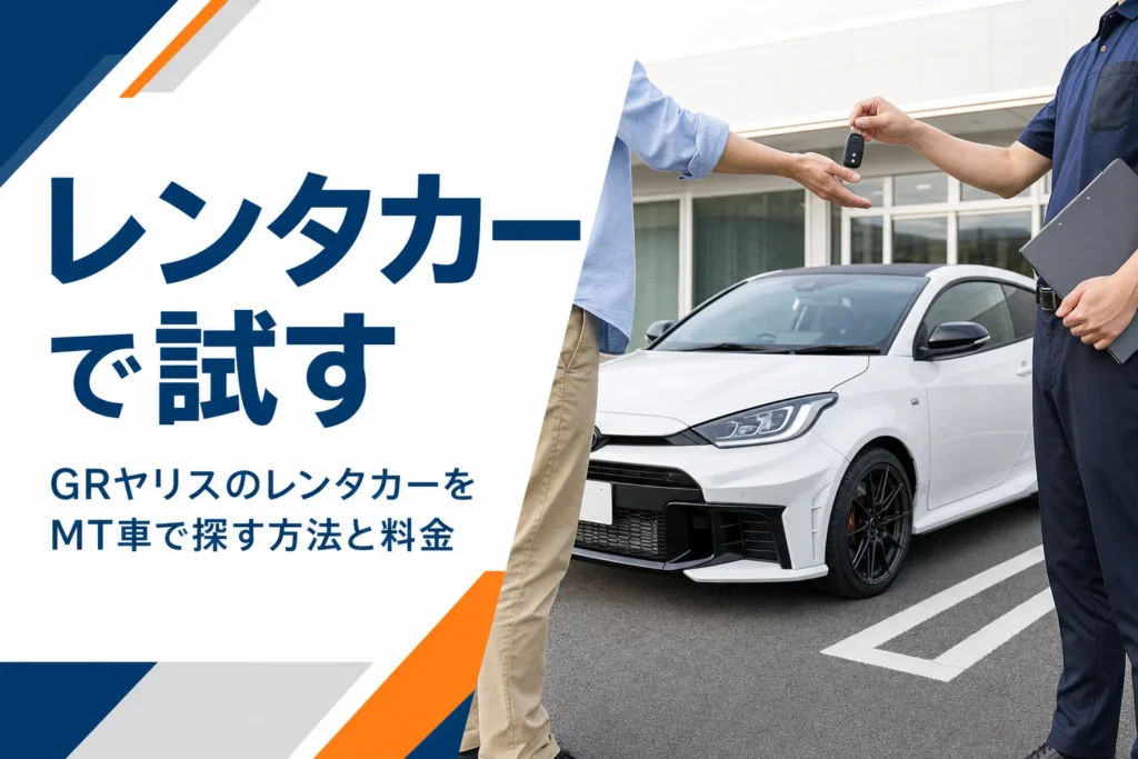 レンタカー店でスポーツハッチバックのキーを受け取る場面