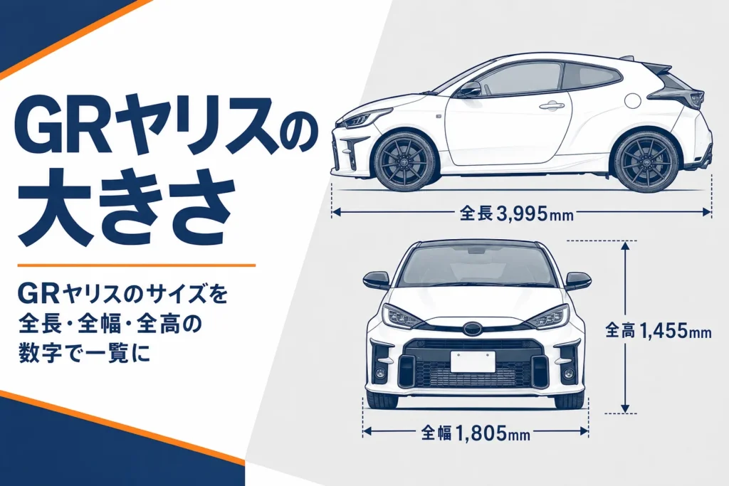 GRヤリスの全長・全幅・全高を寸法線で示したアイキャッチ